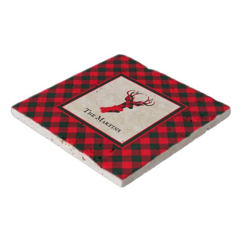 Chic Red Green Plaid Elegant Deer Personalized Trivet