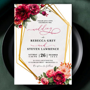 Chic red grey floral wedding  invitation