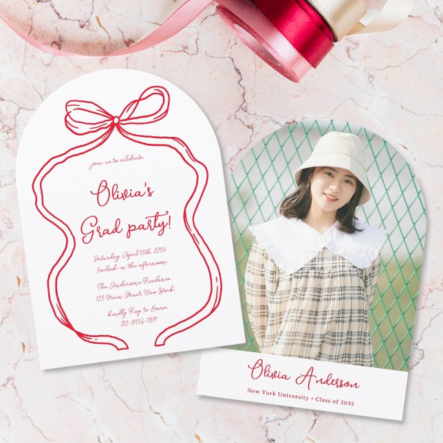 Chic Red Hand Drawn Bow Photo Arch Graduation Invitation (Creator Uploaded)