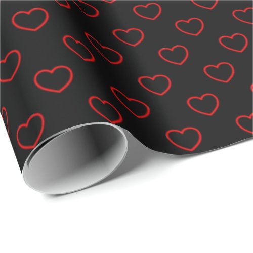Chic Red Hearts Pattern On Black Wrapping Paper