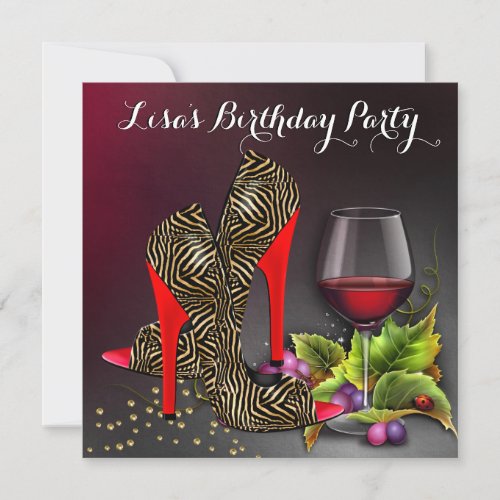 Chic Red High Heels Red Wine Birthday Party Invitation