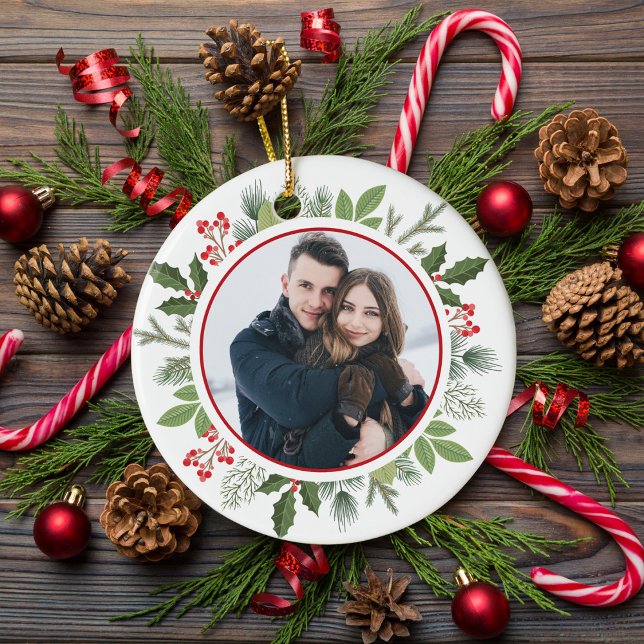Chic Red Holly Berry Christmas Wreath Couple Photo Ceramic Ornament (Creator Uploaded)