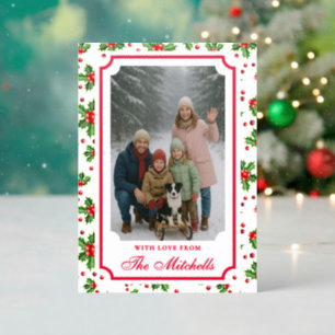 Chic Red Holly Berry Green Leaves Pattern Holiday Letterpress Photo Cards