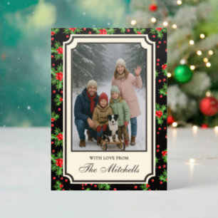 Chic Red Holly Berry Green Leaves Pattern Holiday Letterpress Photo Cards