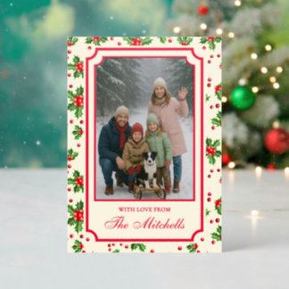 Chic Red Holly Berry Green Leaves Pattern Holiday Letterpress Photo Cards