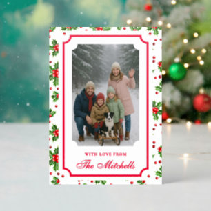 Chic Red Holly Berry Green Leaves Pattern Holiday Letterpress Photo Cards