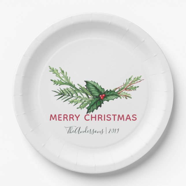Chic Red Holly Leaves Bouquet Christmas Holiday Paper Plates (Front)