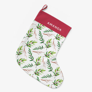 Chic Red Holly Leaves Pattern Holiday Personalized Large Christmas Stocking