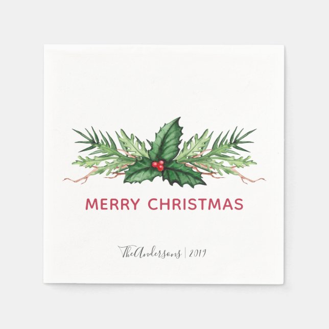 Chic Red Holly Painted Bouquet Christmas Holiday Napkins (Front)