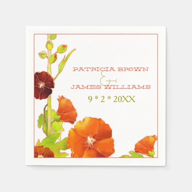 Chic Red Hollyhocks Floral Wedding Paper Napkins (Front)