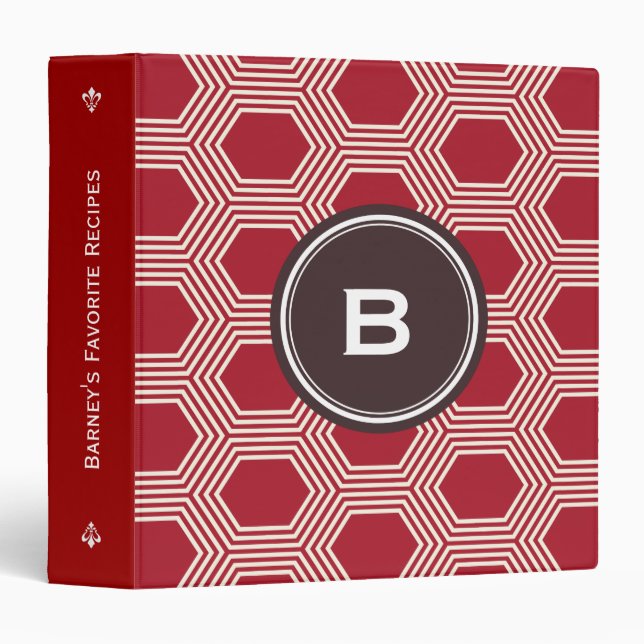 Chic red honeycomb geometric patterns monogram binder (Front/Spine)
