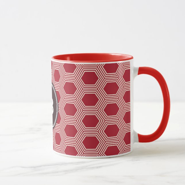 Chic red honeycomb geometric patterns monogram mug (Right)