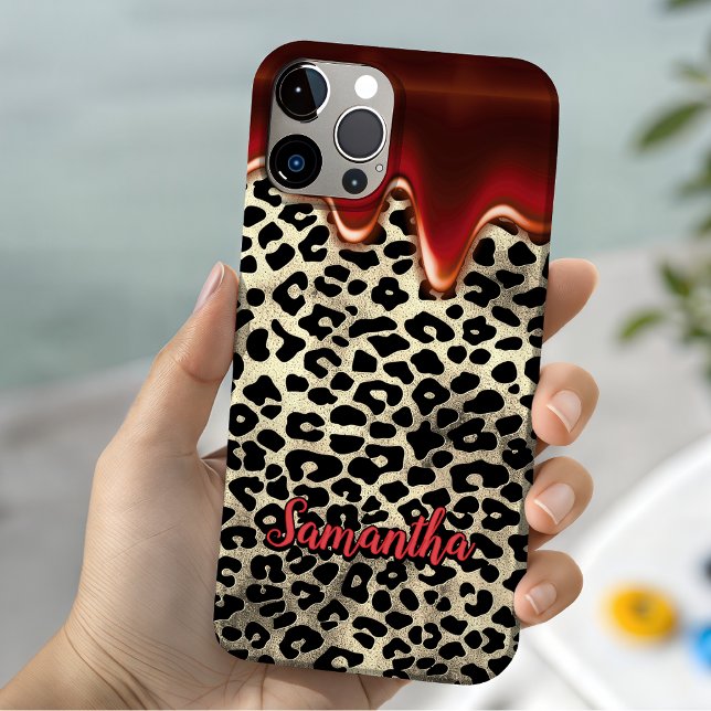 Chic Red Leopard Print Dripping Monogram Case-Mate iPhone Case (Creator Uploaded)