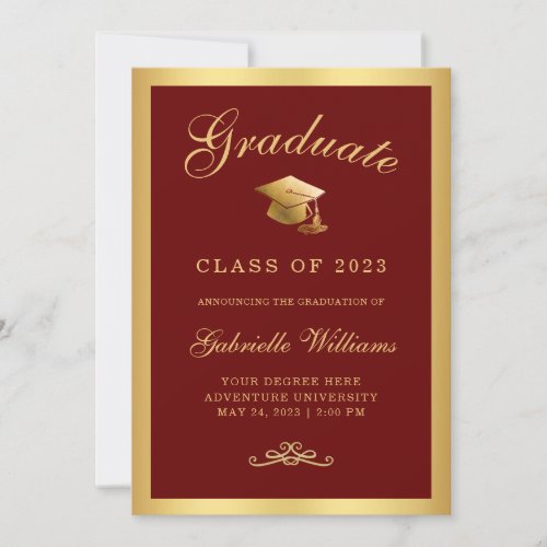 Chic Red Marroon Gold Frame Script Graduation Announcement