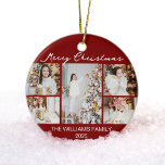 Chic Red Merry Christmas Photo Collage 2025 Ceramic Ornament<br><div class="desc">Chic red Christmas ornament gift with chic handwritten scrawl MERRY CHRISTMAS above your family photo collage of your 5 favorite 2025 pictures. The back features a full photograph. Modern elegant holiday present featuring one vertical photograph in the center and 4 square pictures on the sides.</div>
