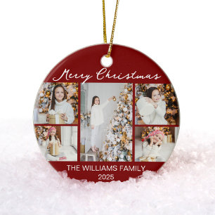 Chic Red Merry Christmas Photo Collage 2025 Ceramic Ornament