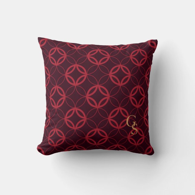 Chic red Moroccan circle pattern monogram Throw Pillow (Front)
