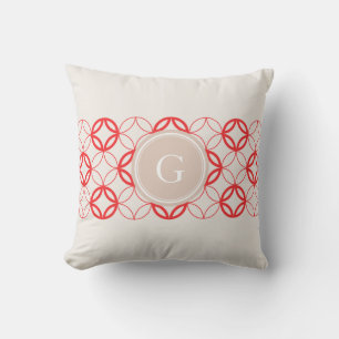 Chic red Moroccan circle pattern monogram Throw Pillow