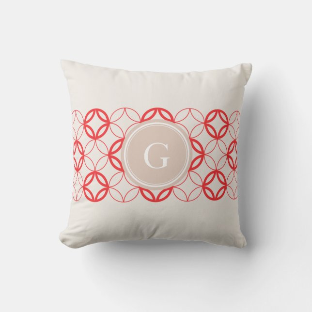Chic red Moroccan circle pattern monogram Throw Pillow (Front)