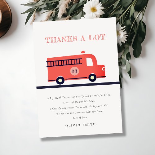 Chic Red Navy Fire Truck Engine Any Age Birthday  Thank You Card