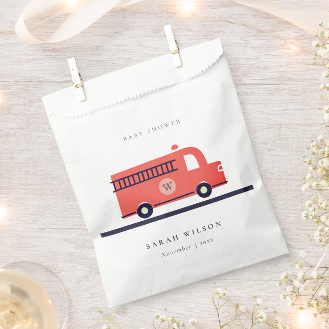 Chic Red Navy Fire Truck Engine Baby Shower Favor Bag (Clipped)