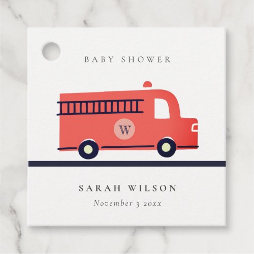 Chic Red Navy Fire Truck Engine Baby Shower Favor Tags