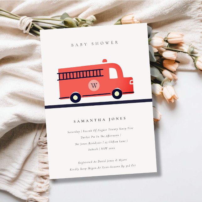 Chic Red Navy Fire Truck Engine Baby Shower Invite (Creator Uploaded)