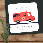 Chic Red Navy Fire Truck Engine Baby Shower Square Sticker<br><div class="desc">If you need any further customisation please feel free to message me on yellowfebstudio@gmail.com.</div>