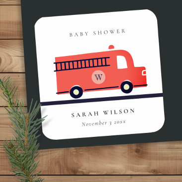 Chic Red Navy Fire Truck Engine Baby Shower Square Sticker