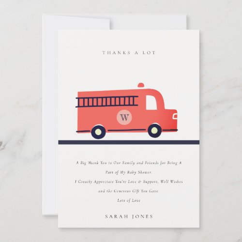 Chic Red Navy Fire Truck Engine Baby Shower Thank You Card