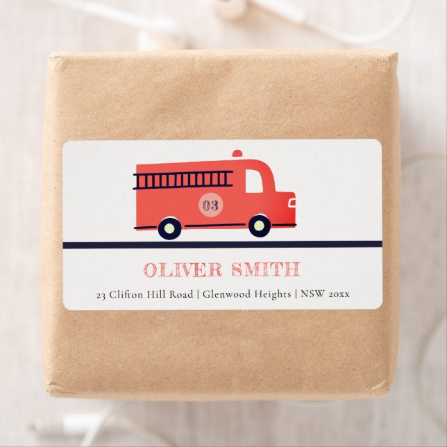 Chic Red Navy Fire Truck Engine Birthday Address Label (Insitu)