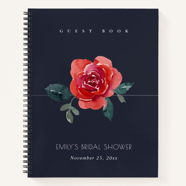 CHIC RED NAVY ROSE FLORAL BRIDAL SHOWER GUESTBOOK NOTEBOOK (Front)