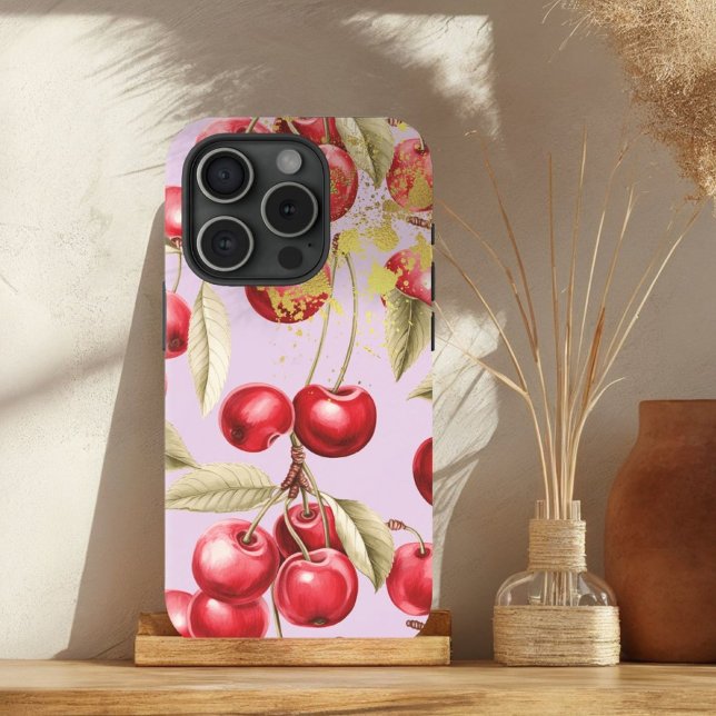 Chic Red, Pastel Mauve Cherry Fruit with Gold Case-Mate iPhone Case (Creator Uploaded)