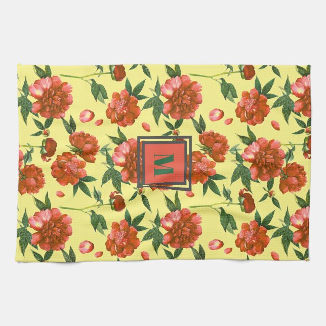 Chic Red Peonies Blooming Flowers Pattern Monogram Kitchen Towel (Horizontal)