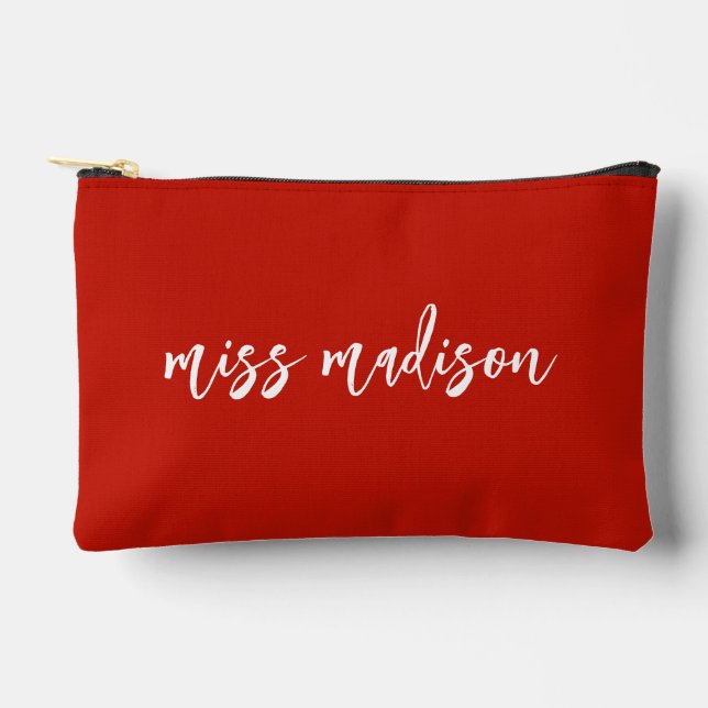 Chic Red Personalized Teacher's Name Script Accessory Pouch (Front)