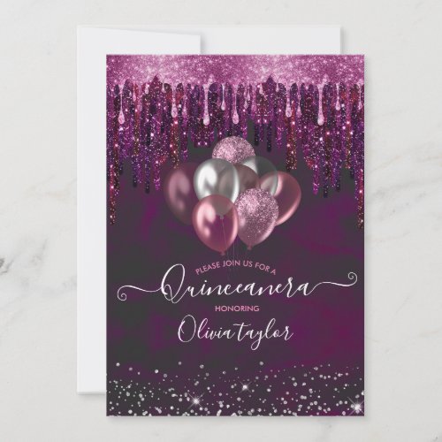 Chic red pink drips glitter balloons Quinceanera   Invitation