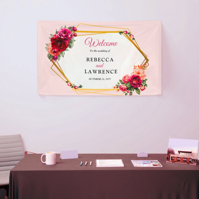 Chic red pink floral and faux gold wedding banner (Creator Uploaded)