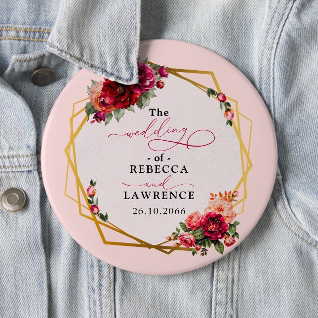 Chic red pink floral and faux gold wedding button (In Situ)