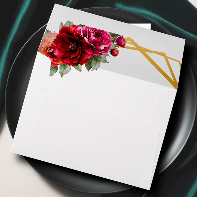 Chic red pink floral and faux gold wedding envelope (Creator Uploaded)