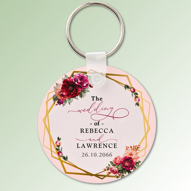 Chic red pink floral and faux gold wedding keychain (Creator Uploaded)