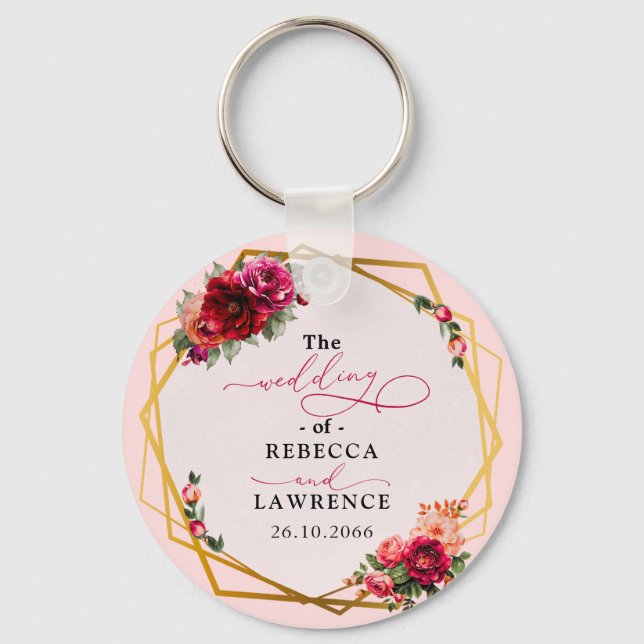 Chic red pink floral and faux gold wedding keychain (Front)