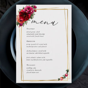 Chic red pink floral and faux gold wedding menu