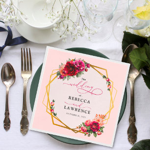Chic red pink floral and faux gold wedding napkins