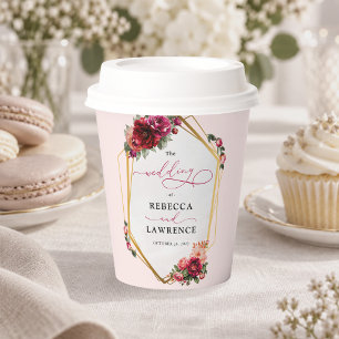 Chic red pink floral and faux gold wedding paper cups