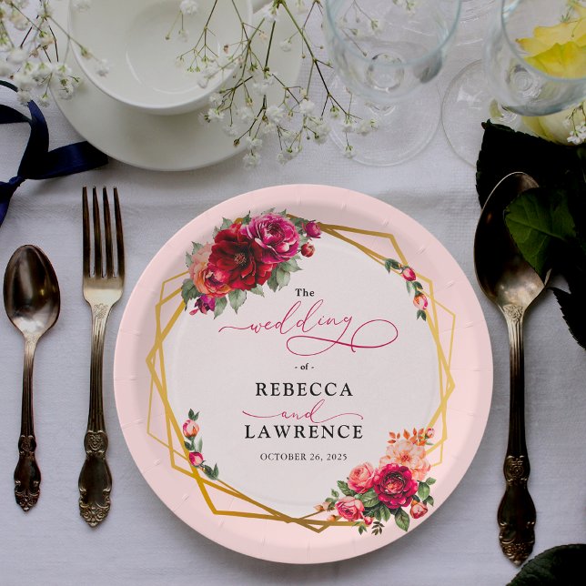 Chic red pink floral and faux gold wedding paper plates (Creator Uploaded)