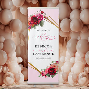 Chic red pink floral and faux gold wedding retractable banner