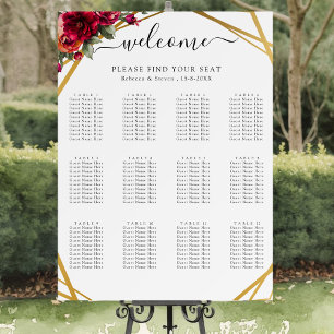 Chic red pink floral and faux gold wedding seating foam board
