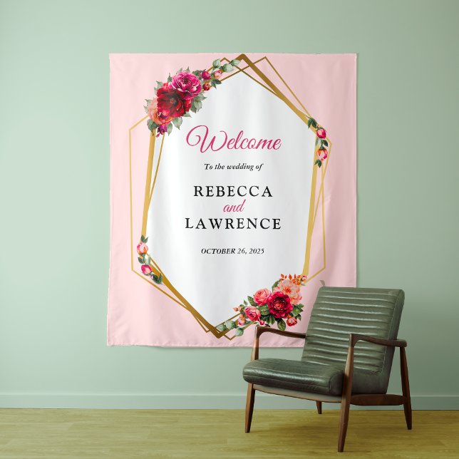 Chic red pink floral and faux gold wedding tapestry (Creator Uploaded)
