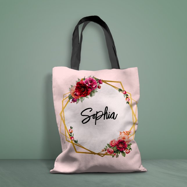 Chic red pink floral and faux gold wedding tote bag (Creator Uploaded)