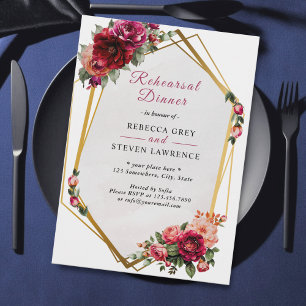 Chic red pink floral faux gold rehearsal dinner invitation